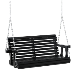 OUTSUNNY 2 Seater Porch Swing Wooden Patio Swing Chair Seat With Cup Holder And Chains Outdoor Swing Bench for Garden Yard In Black
