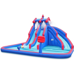 SUNNY & FUN Deluxe Inflatable Water Triple Slide Park – Heavy-Duty Nylon Bouncy Station for Outdoor Fun - Climbing Wall, 3 Slides & Splash Pool –
