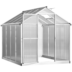 OUTSUNNY 6' X 8' X 6.4' Polycarbonate House, Aluminum Walk-In House Kit Garden, Plants Grow With Rain Gutter And Roof Vent, Silver In Green