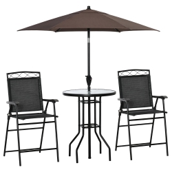 OUTSUNNY 4 Piece Patio Bar Set, Sling Folding Outdoor Furniture With Umbrella for Poolside, Backyard And Garden, Black In Brown