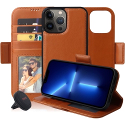NAVOR Universal Car Mount & Detachable Magnetic Wallet Case Compatible With Iphone 13 Pro Max [6.7 Inch] [Folio], Rfid Protection Kickstand -Brown