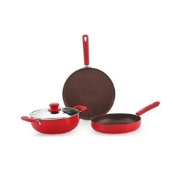 Kitchen Cookware Set Aluminum Dishwasher Safe Non Stick Induction- 4 PCs- in Red