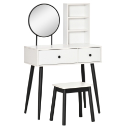 HOMCOM Vanity Desk With Stool, Makeup Vanity With Mirror, Wood Dressing Table With Storage Drawers And Shelf for Bedroom And Black In White
