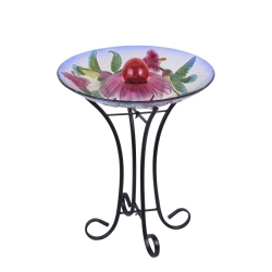 HI-LINE GIFT LTD Solar Orb Floral Glass Hummingbird Bird Bath With Stand