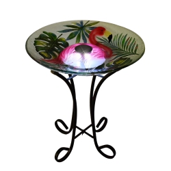 HI-LINE GIFT LTD Solar Led Verdant Glass Bird Bath With Stand - Flamingo