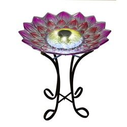 HI-LINE GIFT LTD Solar Led Floral Glass Bird Bath With Stand - Dahlia In Pink