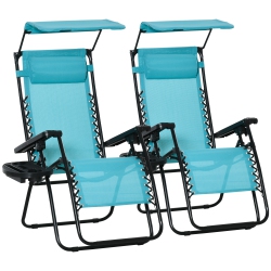 OUTSUNNY 2 Piece Foldable Lounge Chair \w Canopy Shade, Outdoor Zero Gravity Chair W/ Side Tray & Cup Holder, Reclining Lounger W/ Breathable Mesh