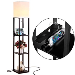 BRIGHTECH Maxwell Charger - Shelf Floor Lamp \w USB Charging Ports And Electric Outlet - Tall, Narrow Tower Nightstand for Bedroom - Modern, Asian