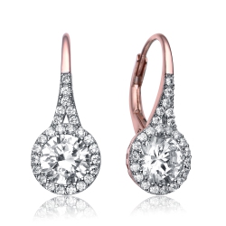 ROZZATO Sterling Silver Rose Plated Cubic Zirconia Halo Leverback Drop Earrings In Gold