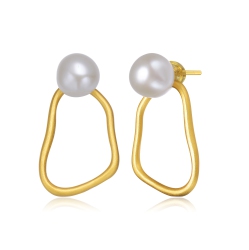 ROZZATO Sterling Silver Plated Freshwater Round Pearl Drop Earrings In Gold