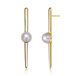ROZZATO Sterling Silver Plated Freshwater Pearl Bar Drop Earrings In Gold