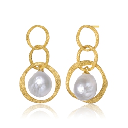 ROZZATO Sterling Silver Plated Freshwater Drop Pearl Open Earrings In Gold