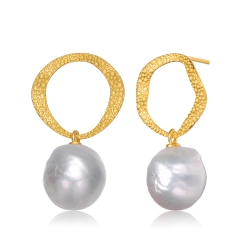 ROZZATO Sterling Silver Plated Freshwater Button Pearl Drop Earrings In Gold