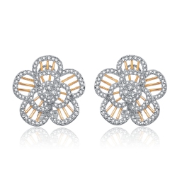 ROZZATO Sterling Two Tone Cubic Zirconia Flower Stud Earrings In Silver