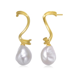 ROZZATO Sterling Silver Plated Freshwater Drop Pearl Swirl Earrings In Gold