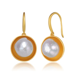 ROZZATO Sterling Silver Plated Freshwater Pearl Hook Earrings In Gold