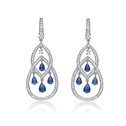 ROZZATO Sterling Sapphire Cz Double Teardrop Chandelier Earrings In Silver