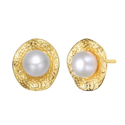 ROZZATO Sterling Silver Plated Freshwater Pearl Hammered Stud Earrings In Gold