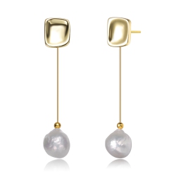 ROZZATO Sterling Silver Plated Freshwater Pearl Long Drop Earrings In Gold