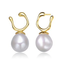 ROZZATO Sterling Silver Plated Freshwater Pearl Hook Earrings In Gold