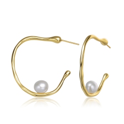 ROZZATO Sterling Silver Plated Freshwater Pearl Hoop Earrings In Gold
