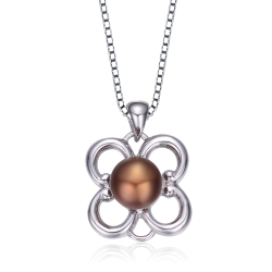 ROZZATO Sterling Silver Faux Pearl Flower Shape Necklace In Brown