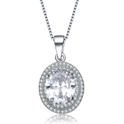ROZZATO Sterling Oval Cubic Zirconia Solitaire With Double Halo Necklace In Silver