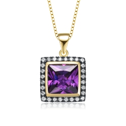ROZZATO Gold Plated Square Purple Cubic Zirconia Pendant Necklace In Yellow