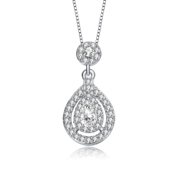 ROZZATO Sterling With Rhodium Plated Pear And Round Cz Accent Drop Pendant Necklace In Silver
