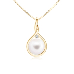 ROZZATO Sterling Silver With Gold Plated Round Shell Pearl With Clear Cubic Zirconia Pendant Necklace In White