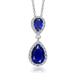 ROZZATO Sterling Silver With Rhodium Plated Two Sapphire Pear With Round Cubic Zirconia Halo Drop Necklace In Blue