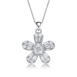 ROZZATO Sterling With Rhodium Plated Baguette Cubic Zirconia Flower Style Pendant Necklace In Silver