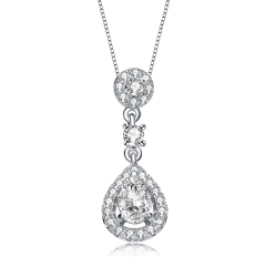 ROZZATO Sterling With Rhodium Plated Pear And Round Cubic Zirconia Accent Drop Pendant Necklace In Silver