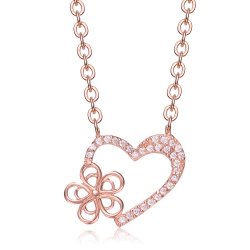 ROZZATO Rose-Plated Sterling Cubic Zirconia Heart And Flower Shape Necklace In Silver