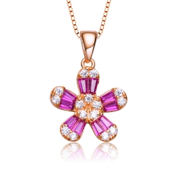 ROZZATO Sterling Silver With Rose Gold Plated Baguette Cubic Zirconia Flower Style Pendant Necklace In Red