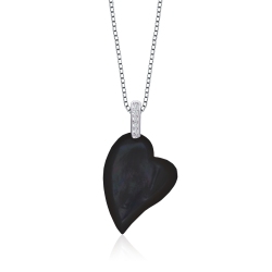 ROZZATO C.z. Sterling Silver Rhodium Plated Heart Shape Mother Of Pearl Pendant In Black
