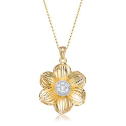 ROZZATO Gold Plated Flower Shaped White Cubic Zirconia Pendant Necklace In Yellow