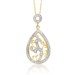 ROZZATO Sterling Silver With Plated Clear Round Cubic Zirconia Cluster Pear Drop Pendant Necklace In Gold