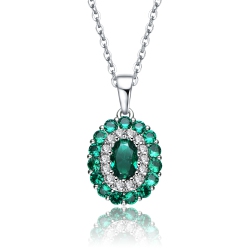 ROZZATO Sterling With Rhodium Plated And Emerald Cubic Zirconia Long Lasting Oval Pendant Necklace In Silver