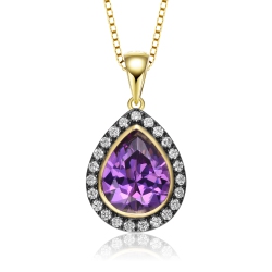 ROZZATO Gold Plated Teardrop Shaped Purple Cubic Zirconia Pendant Necklace In Yellow