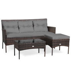 TOPBUY Patiojoy 3 PCs Patio Furniture Set Outdoor All Weather Wicker Conversation Set W/cushioned Ottoman & Side Table