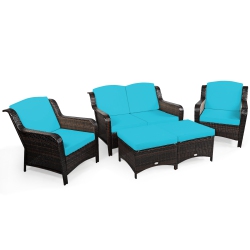 TOPBUY Patiojoy 5 PCs Patio Rattan Sectional Sofa Set Outdoor Furniture Conversation Set Cushioned Loveseat Sofa Ottoman