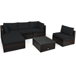 TOPBUY Patiojoy 6PCs Patio Rattan Furniture Set Outdoor Sectional Sofa Set W/coffee Table & Ottoman Black/navy/turquoise/red/brown