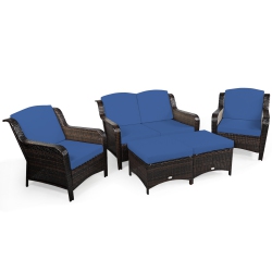 TOPBUY Patiojoy 5 PCs Patio Rattan Sectional Sofa Set Outdoor Furniture Conversation Set Cushioned Loveseat Sofa Ottoman