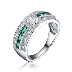 ROZZATO Sterling Emerald Cubic Zirconia Pave Cocktail Ring Size 8 In Silver