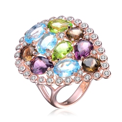 ROZZATO Sterling Silver Rose Plated Multi Colored Cubic Zirconia Cocktail Ring Size 7 In Gold