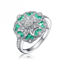 ROZZATO Sterling Emerald Cubic Zirconia Floral Cocktail Ring Size 6 In Silver