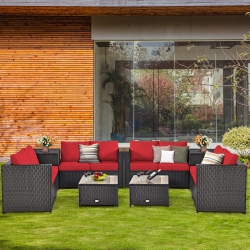 GYMAX 8PCs Cushioned Rattan Patio Conversation Set W/ Side Table Cushion In Red
