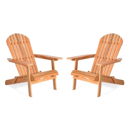 GYMAX 2 PCs Eucalyptus Adirondack Chair Foldable Outdoor Wood Lounger Chair Natural