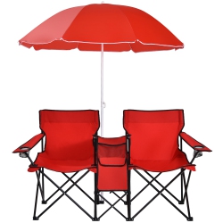 COSTWAY Portable Folding Picnic Double Chair W/umbrella Table Cooler Beach Camping